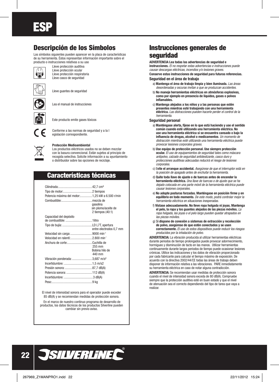 Instrucciones generales de seguridad, Descripción de los símbolos, Características técnicas | Silverline Brush Cutter Petrol 43cc User Manual | Page 23 / 40