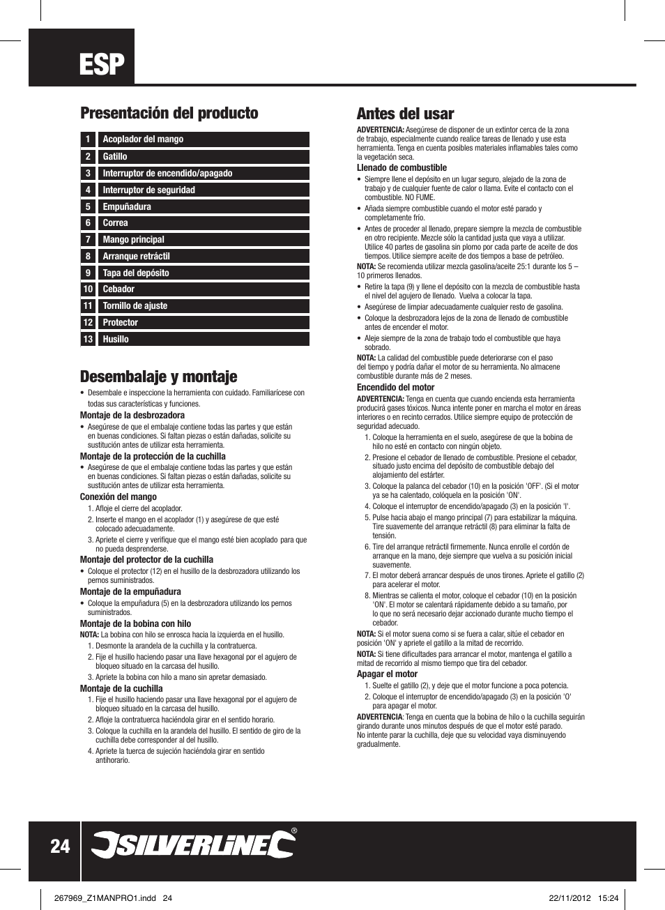 Desembalaje y montaje, Antes del usar, Presentación del producto | Silverline Brush Cutter Petrol 43cc User Manual | Page 25 / 40