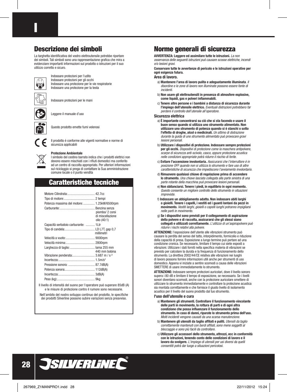 Norme generali di sicurezza, Descrizione dei simboli, Caratteristiche tecniche | Silverline Brush Cutter Petrol 43cc User Manual | Page 29 / 40