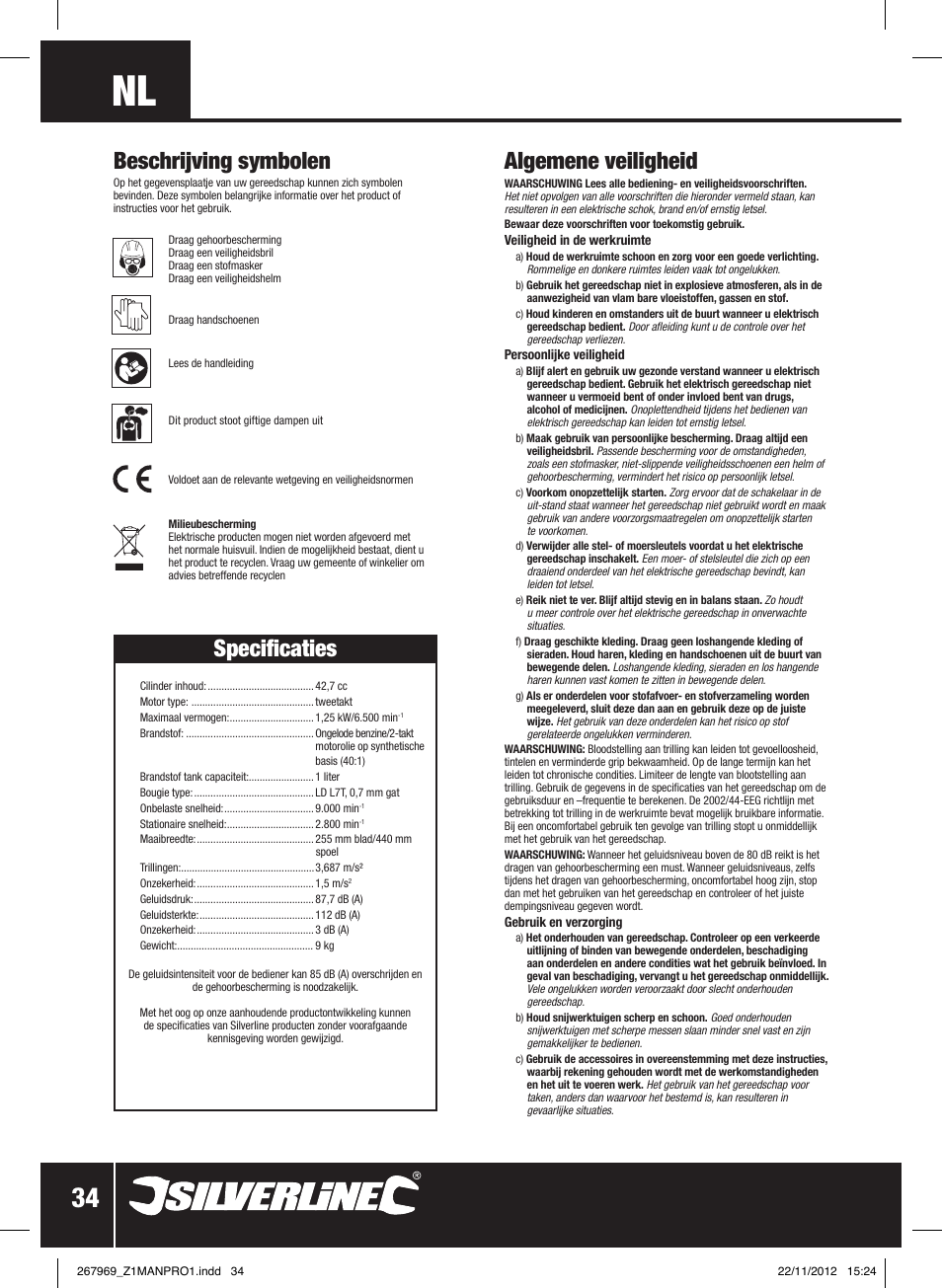 Algemene veiligheid, Beschrijving symbolen, Specificaties | Silverline Brush Cutter Petrol 43cc User Manual | Page 35 / 40