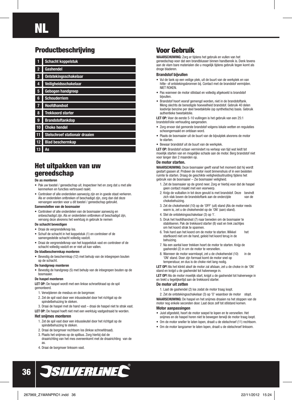 Het uitpakken van uw gereedschap, Voor gebruik, Productbeschrijving | Silverline Brush Cutter Petrol 43cc User Manual | Page 37 / 40