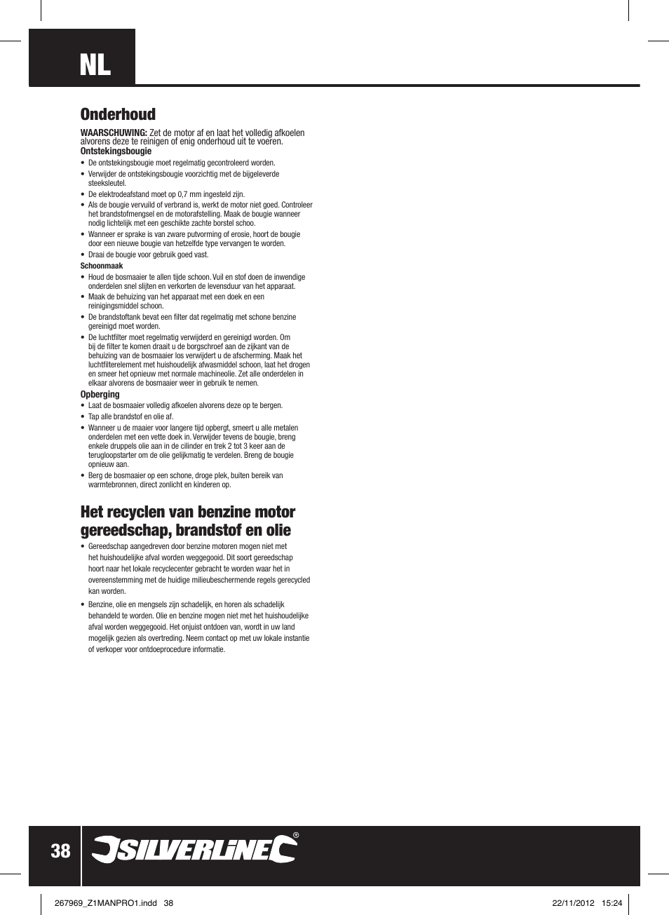 Onderhoud | Silverline Brush Cutter Petrol 43cc User Manual | Page 39 / 40