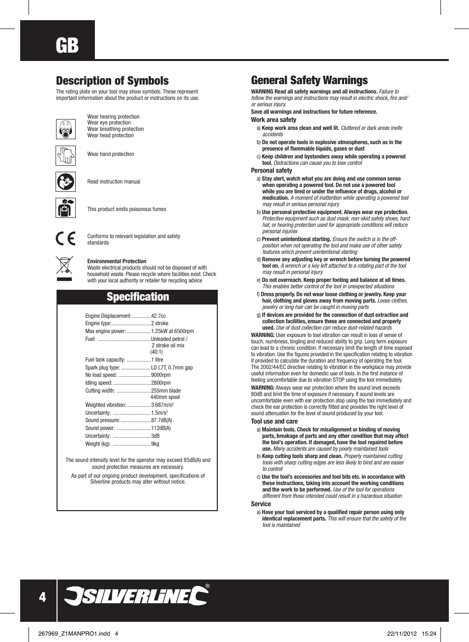 Description of symbols, Specification, General safety warnings | Silverline Brush Cutter Petrol 43cc User Manual | Page 5 / 40