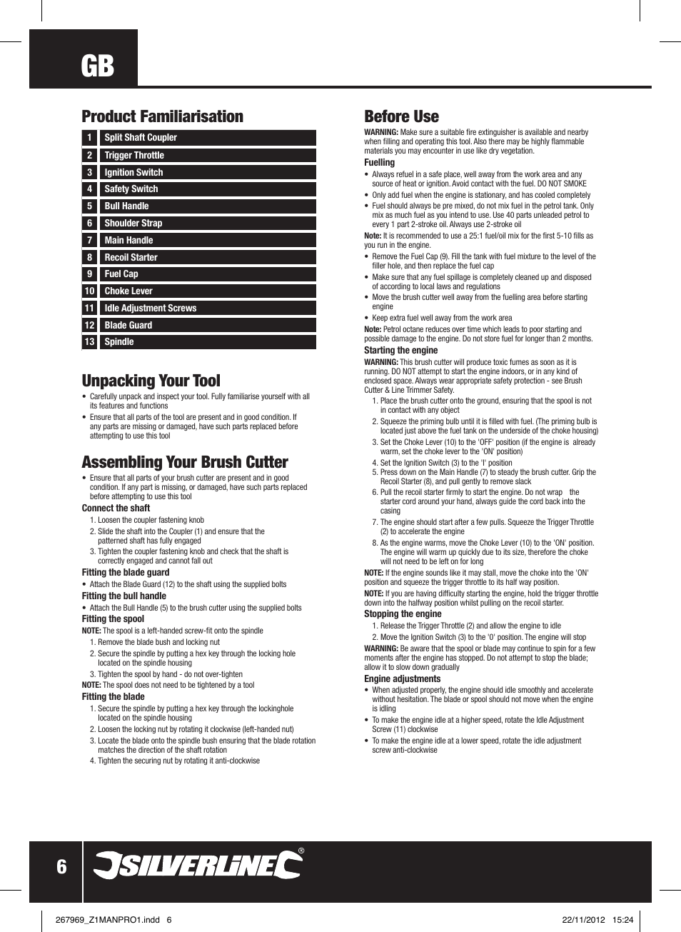 Unpacking your tool, Assembling your brush cutter, Before use | Product familiarisation | Silverline Brush Cutter Petrol 43cc User Manual | Page 7 / 40