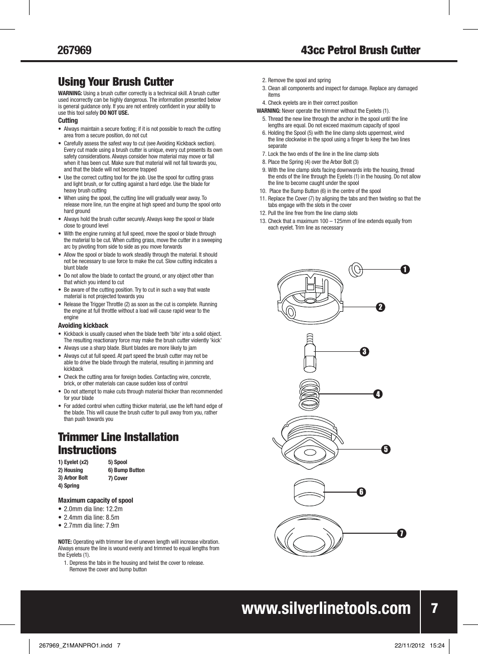 Using your brush cutter, Trimmer line installation instructions | Silverline Brush Cutter Petrol 43cc User Manual | Page 8 / 40