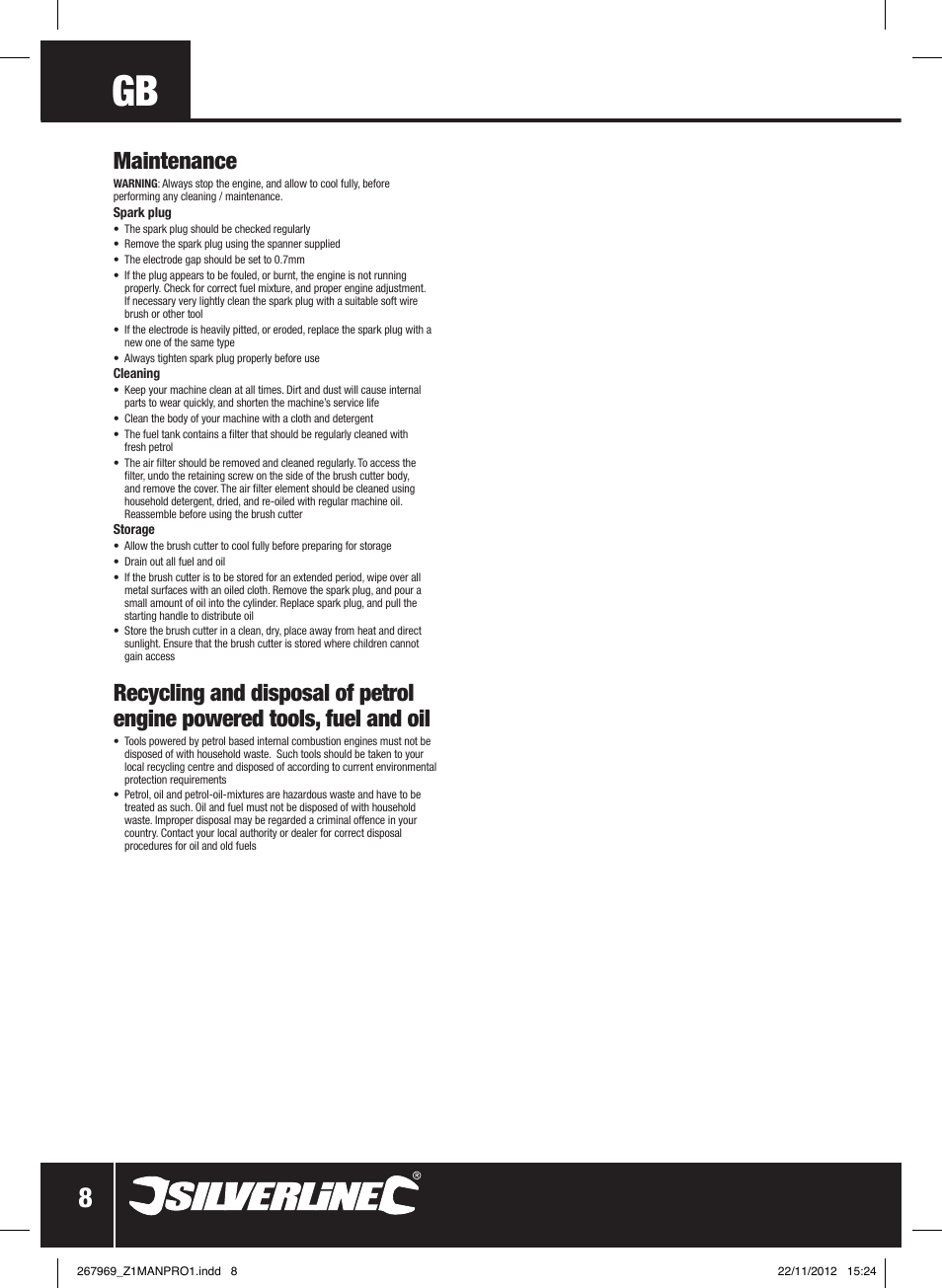 Maintenance | Silverline Brush Cutter Petrol 43cc User Manual | Page 9 / 40