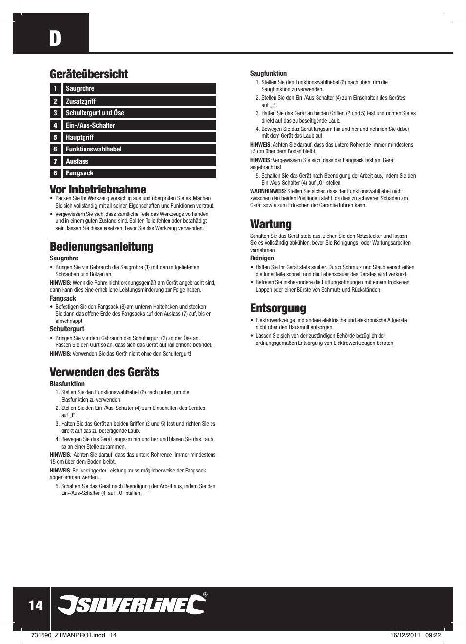 Vor inbetriebnahme, Bedienungsanleitung, Verwenden des geräts | Wartung, Entsorgung, Geräteübersicht | Silverline Blower Vacuum 2500W User Manual | Page 15 / 28