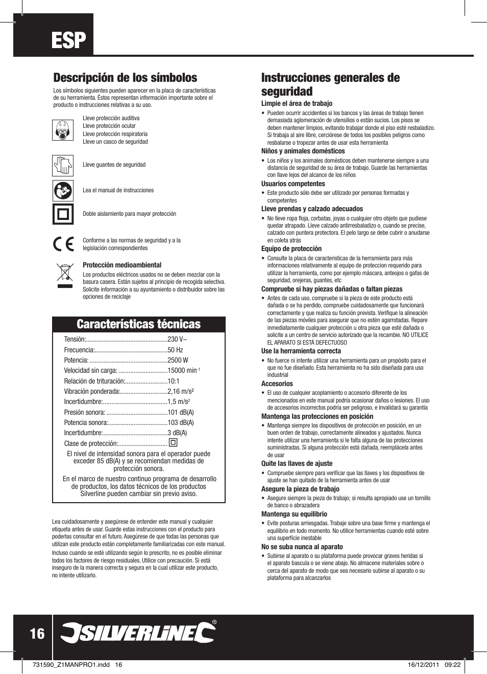 Características técnicas, Instrucciones generales de seguridad, Descripción de los símbolos | Silverline Blower Vacuum 2500W User Manual | Page 17 / 28