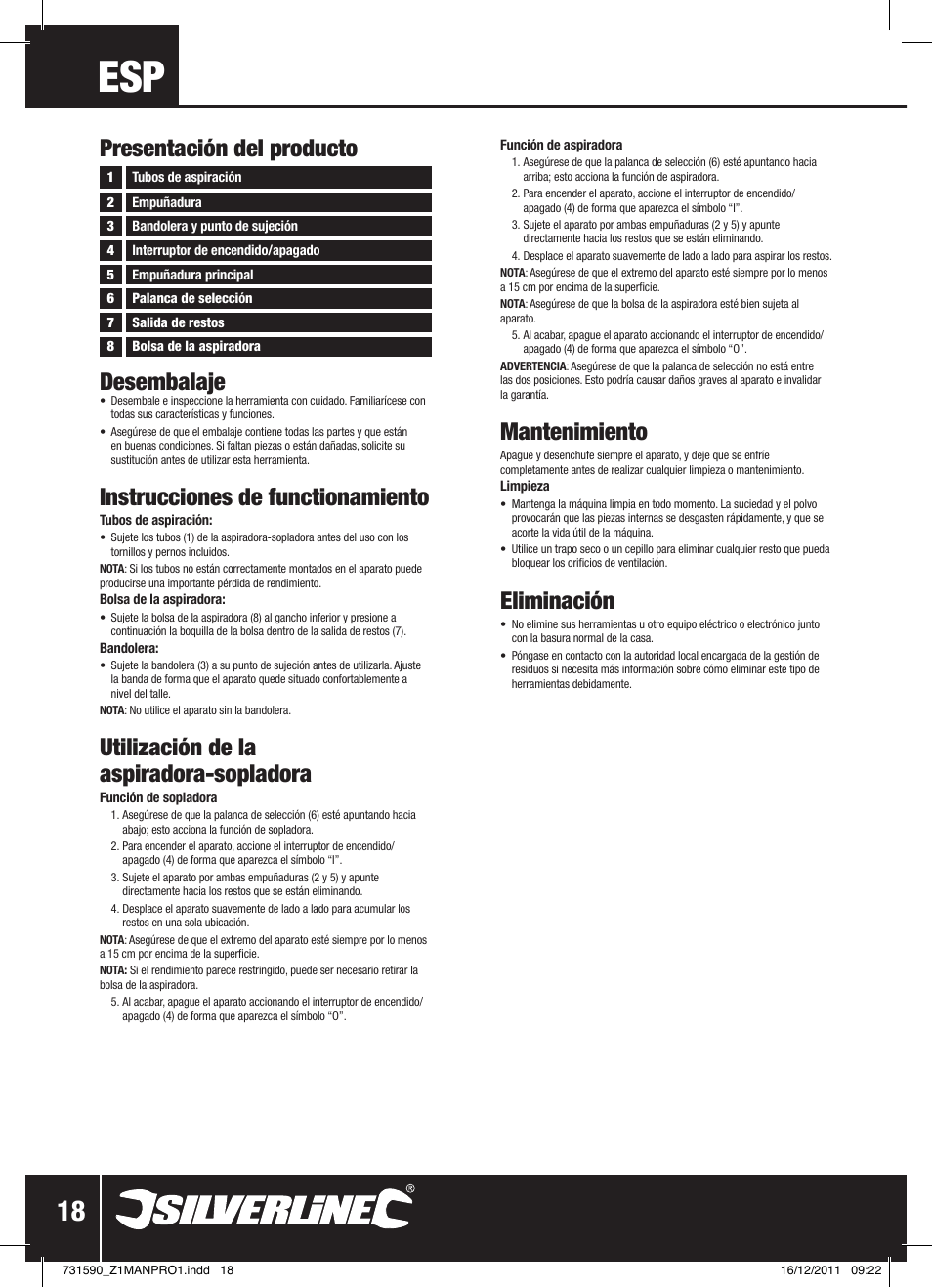 Desembalaje, Instrucciones de functionamiento, Utilización de la aspiradora-sopladora | Mantenimiento, Eliminación, Presentación del producto | Silverline Blower Vacuum 2500W User Manual | Page 19 / 28