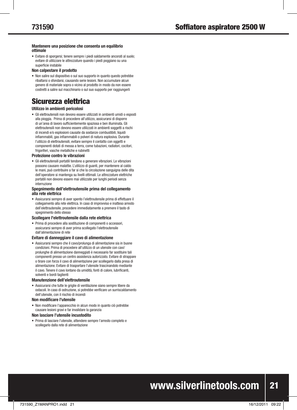 Sicurezza elettrica | Silverline Blower Vacuum 2500W User Manual | Page 22 / 28