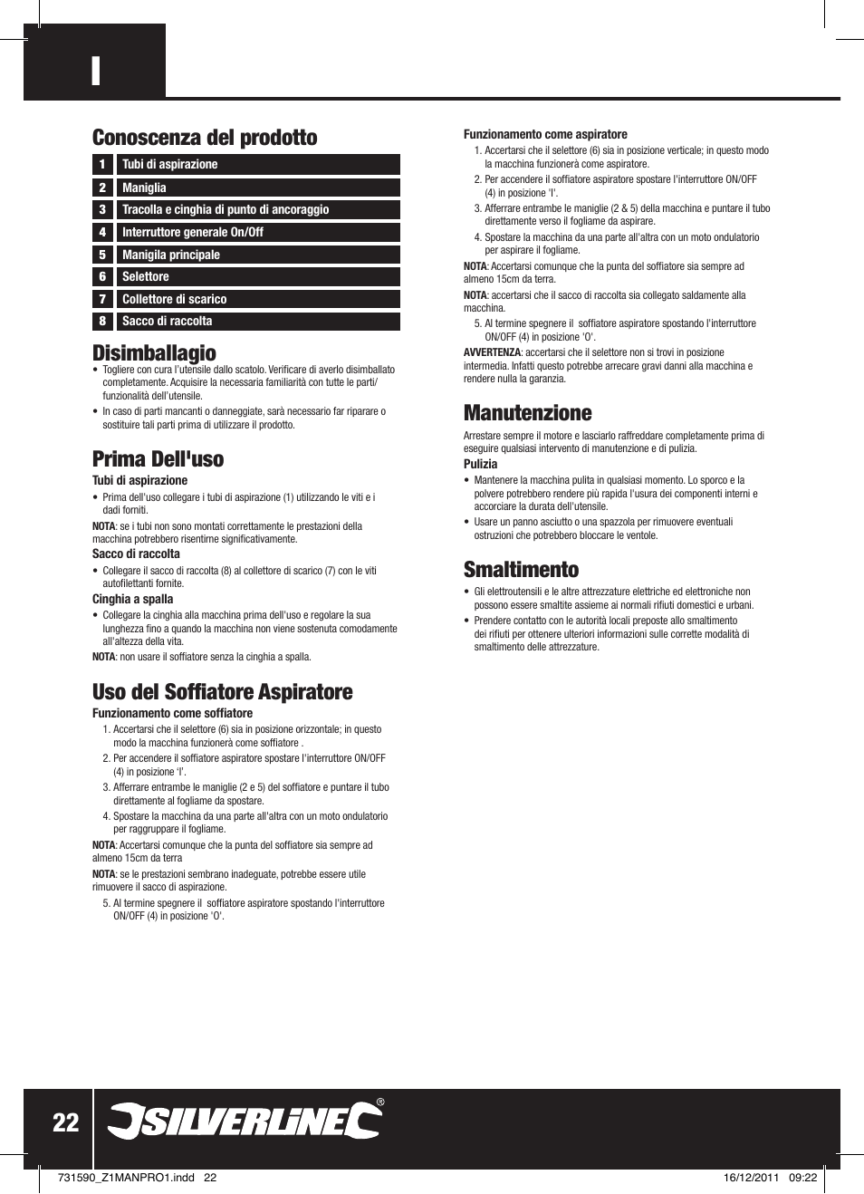 Disimballagio, Prima dell'uso, Uso del soffiatore aspiratore | Manutenzione, Smaltimento, Conoscenza del prodotto | Silverline Blower Vacuum 2500W User Manual | Page 23 / 28