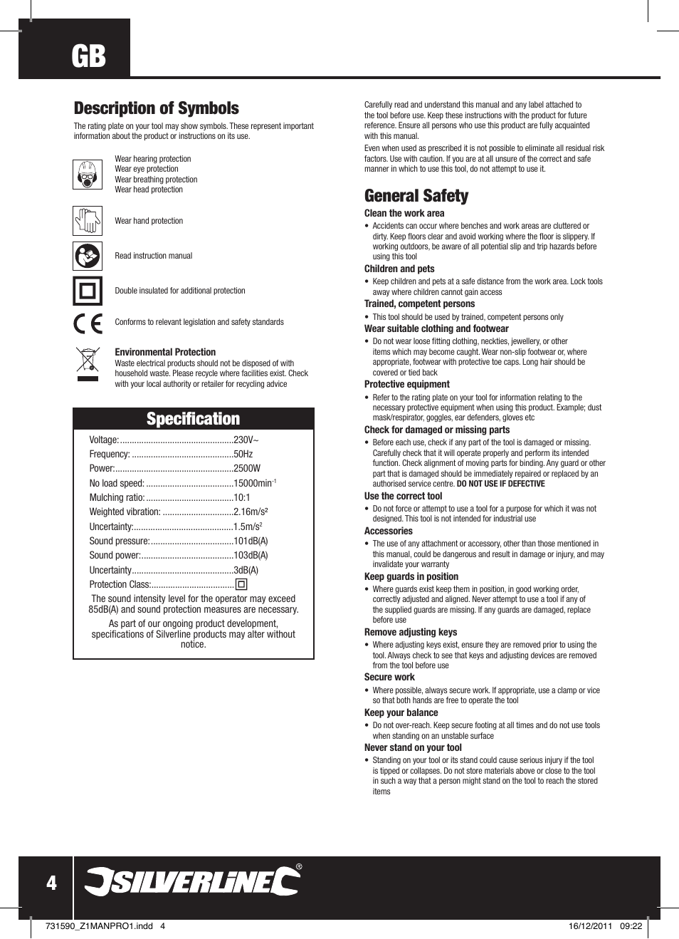 General safety, Specification, Description of symbols | Silverline Blower Vacuum 2500W User Manual | Page 5 / 28