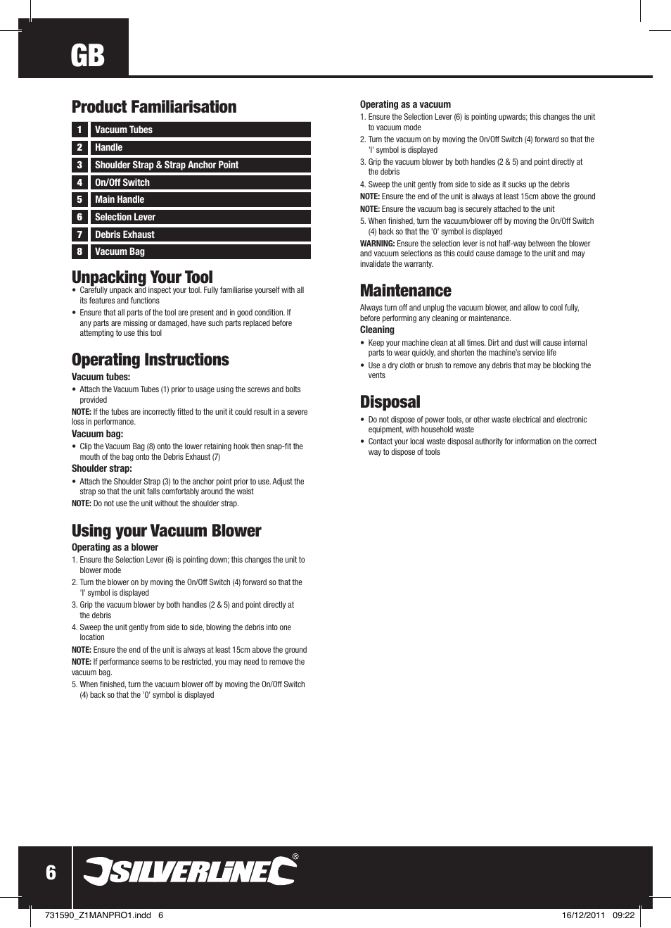 Unpacking your tool, Operating instructions, Using your vacuum blower | Maintenance, Disposal, Product familiarisation | Silverline Blower Vacuum 2500W User Manual | Page 7 / 28