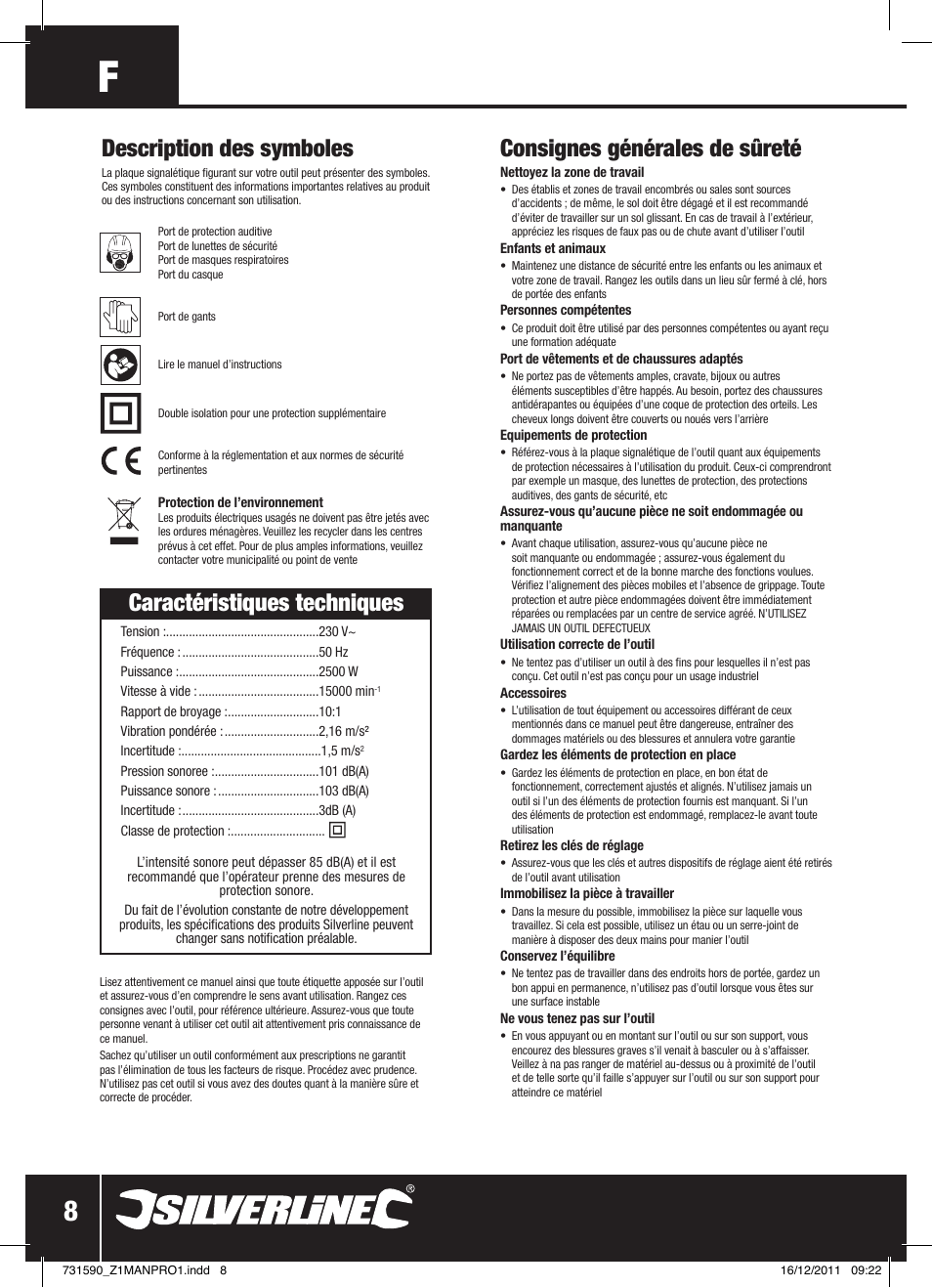 Caractéristiques techniques, Consignes générales de sûreté, Description des symboles | Silverline Blower Vacuum 2500W User Manual | Page 9 / 28