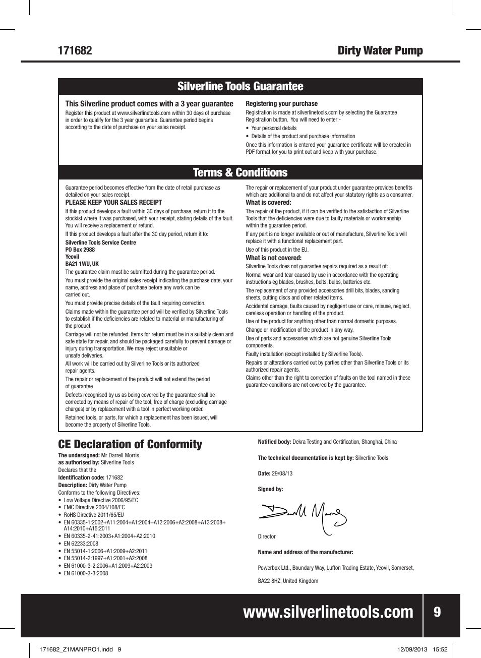 Ce declaration of conformity, Terms & conditions silverline tools guarantee | Silverline 500W Dirty Water Pump User Manual | Page 10 / 40