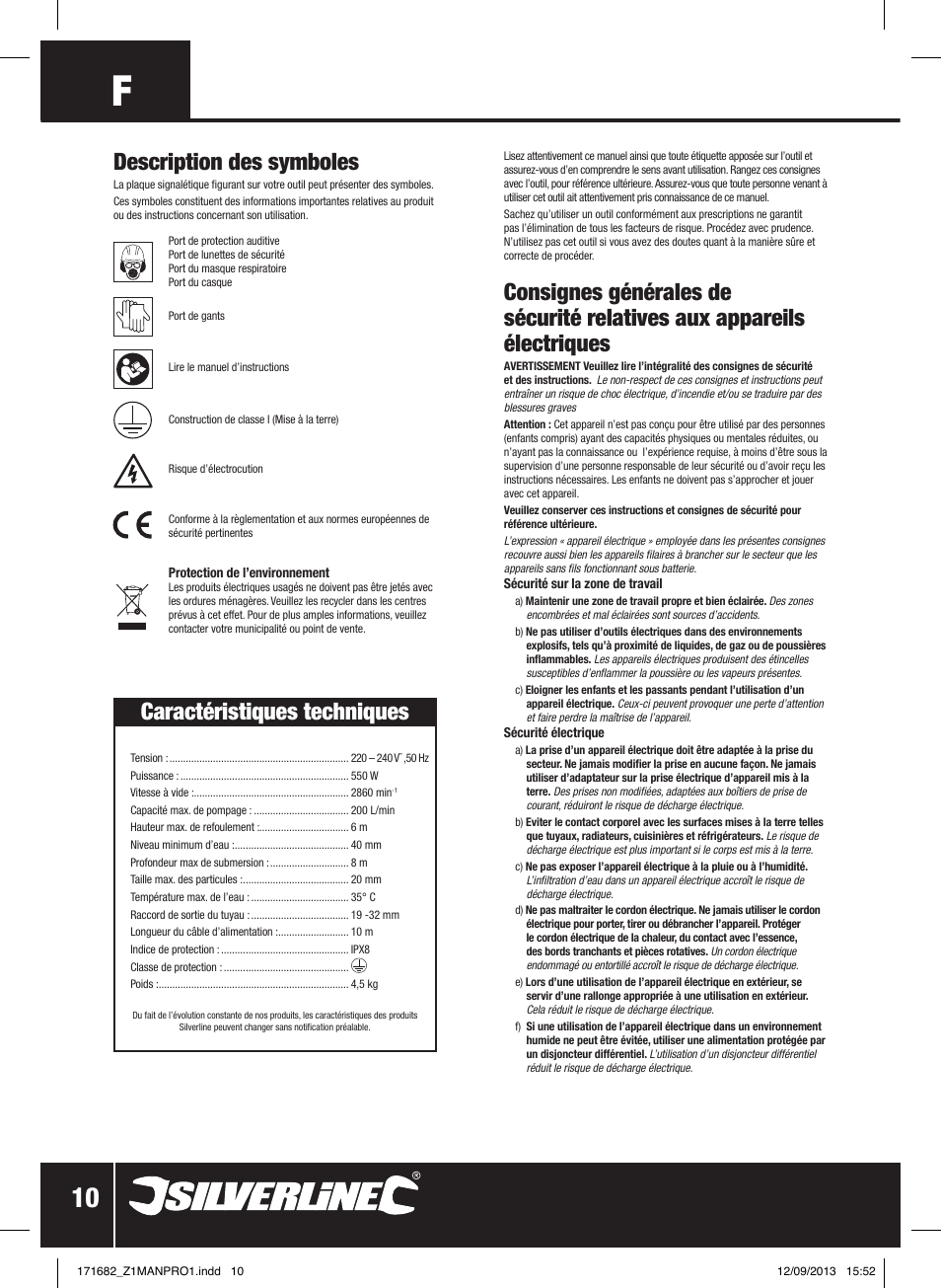 Description des symboles, Caractéristiques techniques | Silverline 500W Dirty Water Pump User Manual | Page 11 / 40