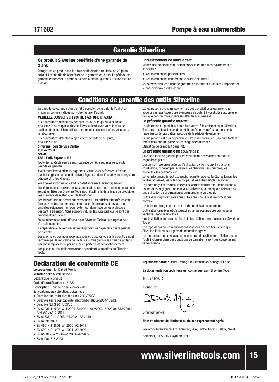 Déclaration de conformité ce | Silverline 500W Dirty Water Pump User Manual | Page 16 / 40