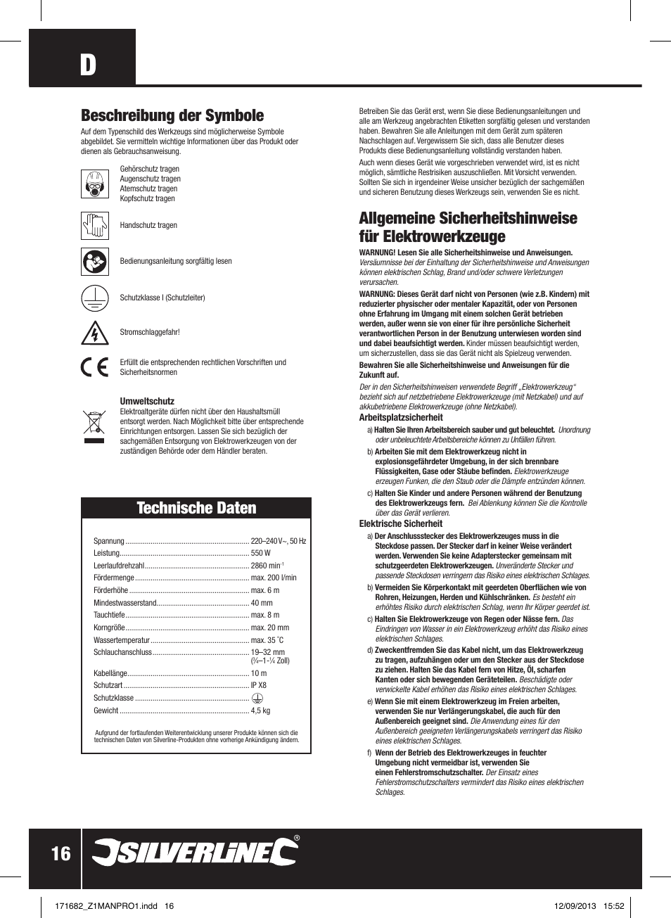 Beschreibung der symbole, Technische daten | Silverline 500W Dirty Water Pump User Manual | Page 17 / 40