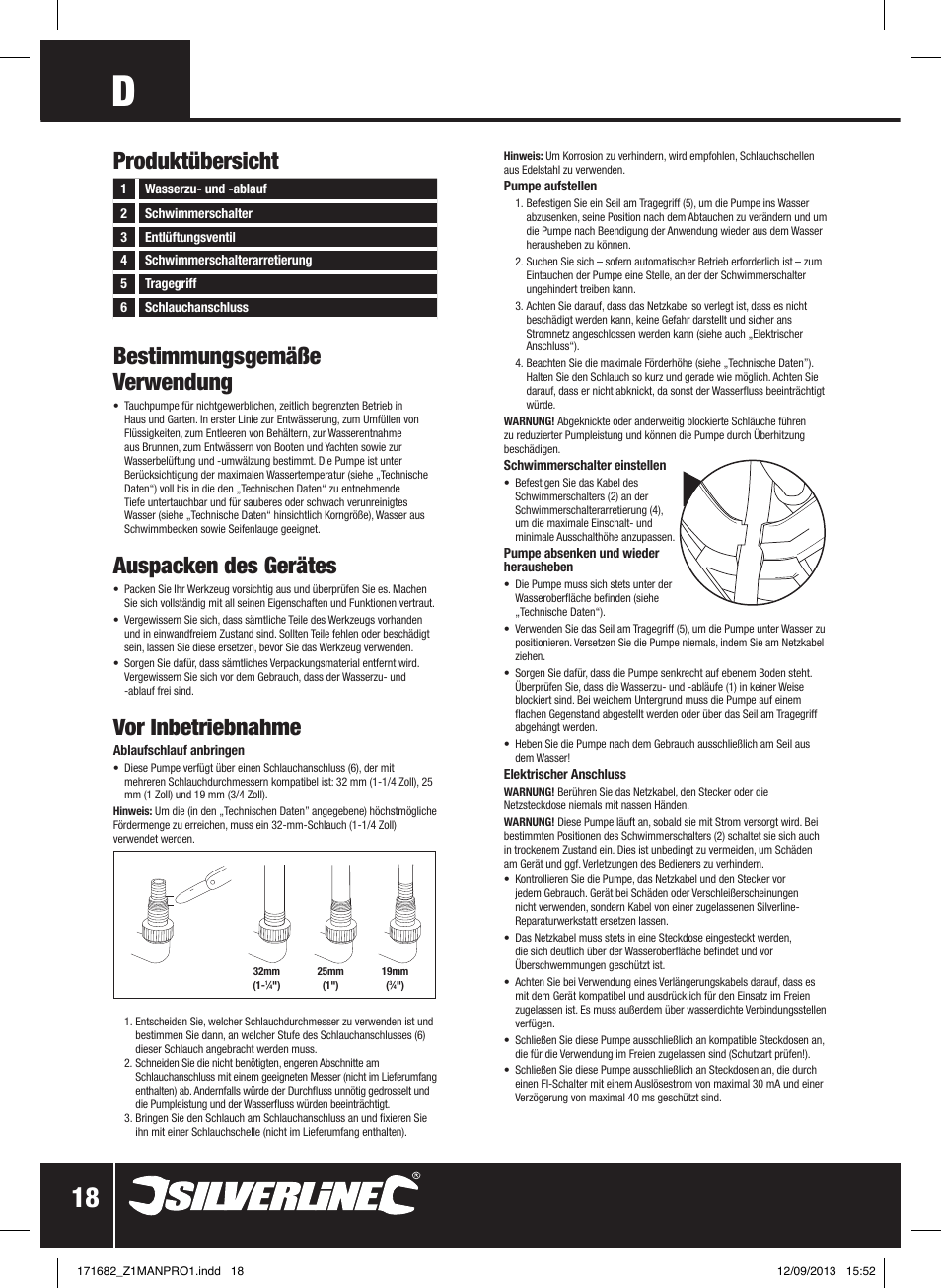 Bestimmungsgemäße verwendung, Auspacken des gerätes, Vor inbetriebnahme | Produktübersicht | Silverline 500W Dirty Water Pump User Manual | Page 19 / 40