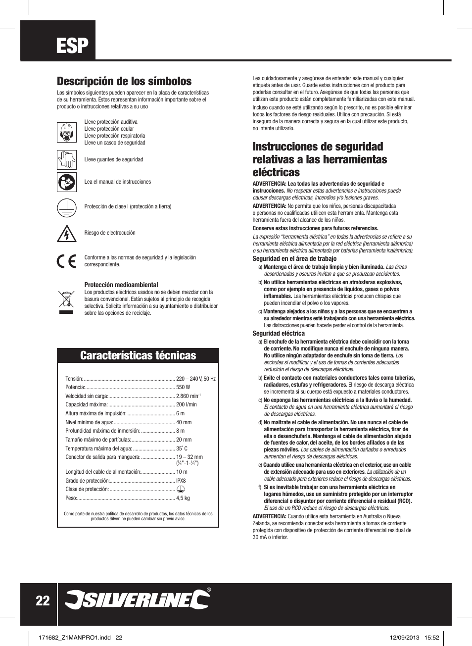 Descripción de los símbolos, Características técnicas | Silverline 500W Dirty Water Pump User Manual | Page 23 / 40