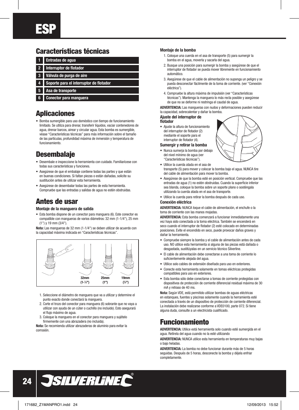 Aplicaciones, Desembalaje, Antes de usar | Funcionamiento, Características técnicas | Silverline 500W Dirty Water Pump User Manual | Page 25 / 40