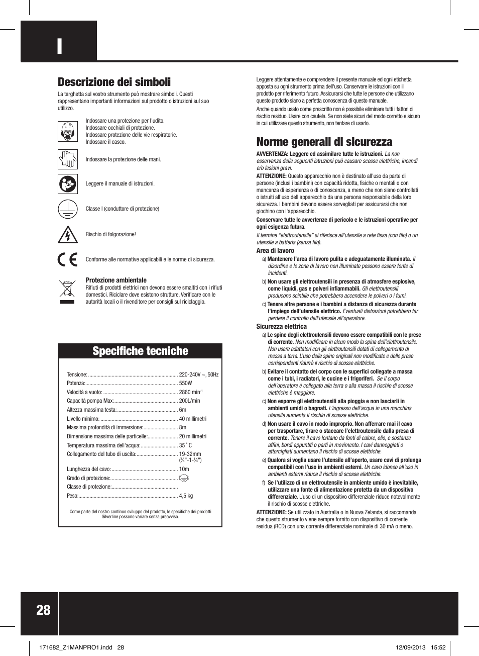 Norme generali di sicurezza, Descrizione dei simboli, Specifiche tecniche | Silverline 500W Dirty Water Pump User Manual | Page 29 / 40