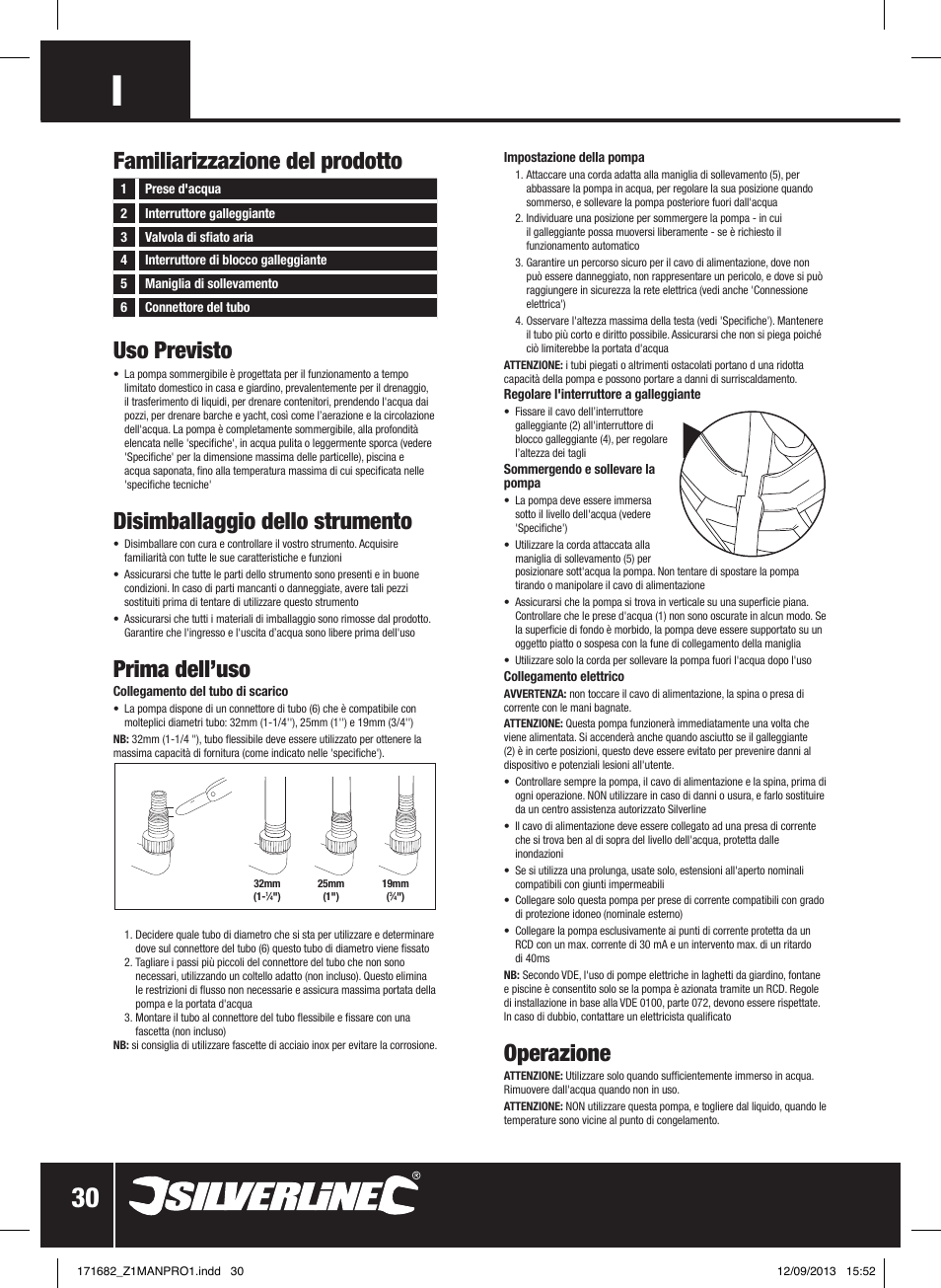 Uso previsto, Disimballaggio dello strumento, Prima dell’uso | Operazione, Familiarizzazione del prodotto | Silverline 500W Dirty Water Pump User Manual | Page 31 / 40