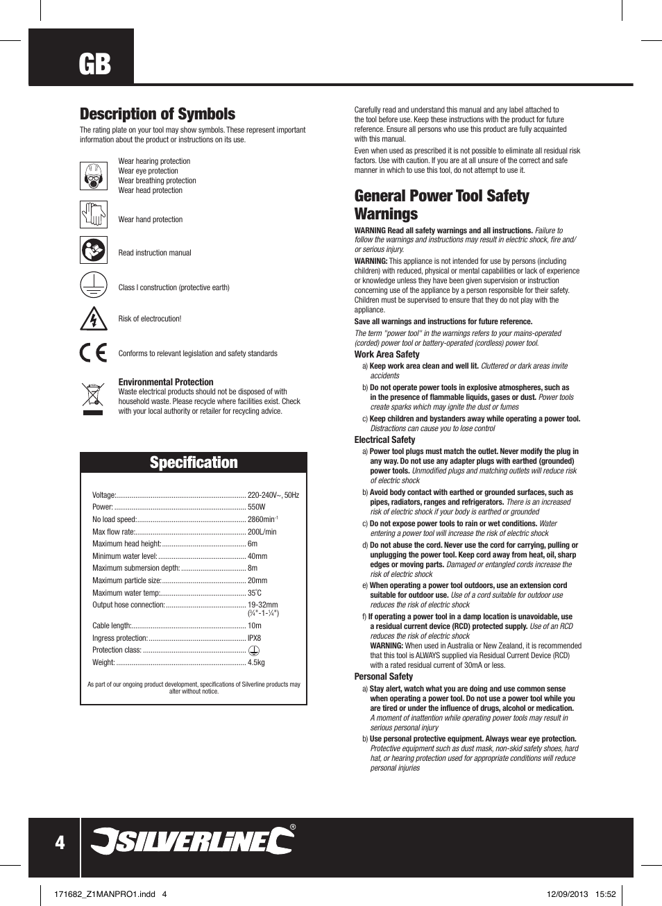 General power tool safety warnings, Description of symbols, Specification | Silverline 500W Dirty Water Pump User Manual | Page 5 / 40