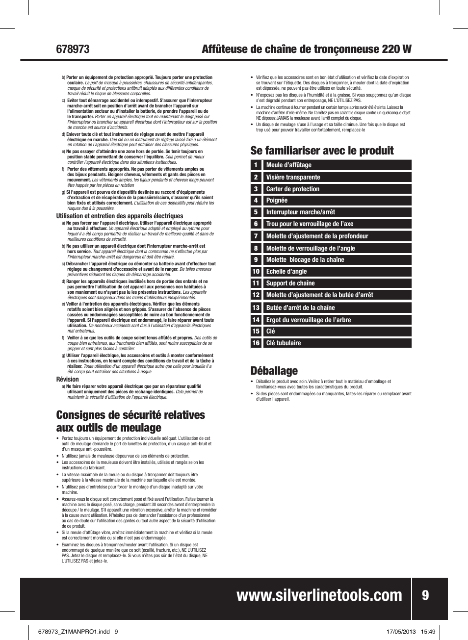 Affûteuse de chaîne de tronçonneuse 220 w, Se familiariser avec le produit, Déballage | Silverline Electric Chainsaw Sharpener 220W User Manual | Page 10 / 28