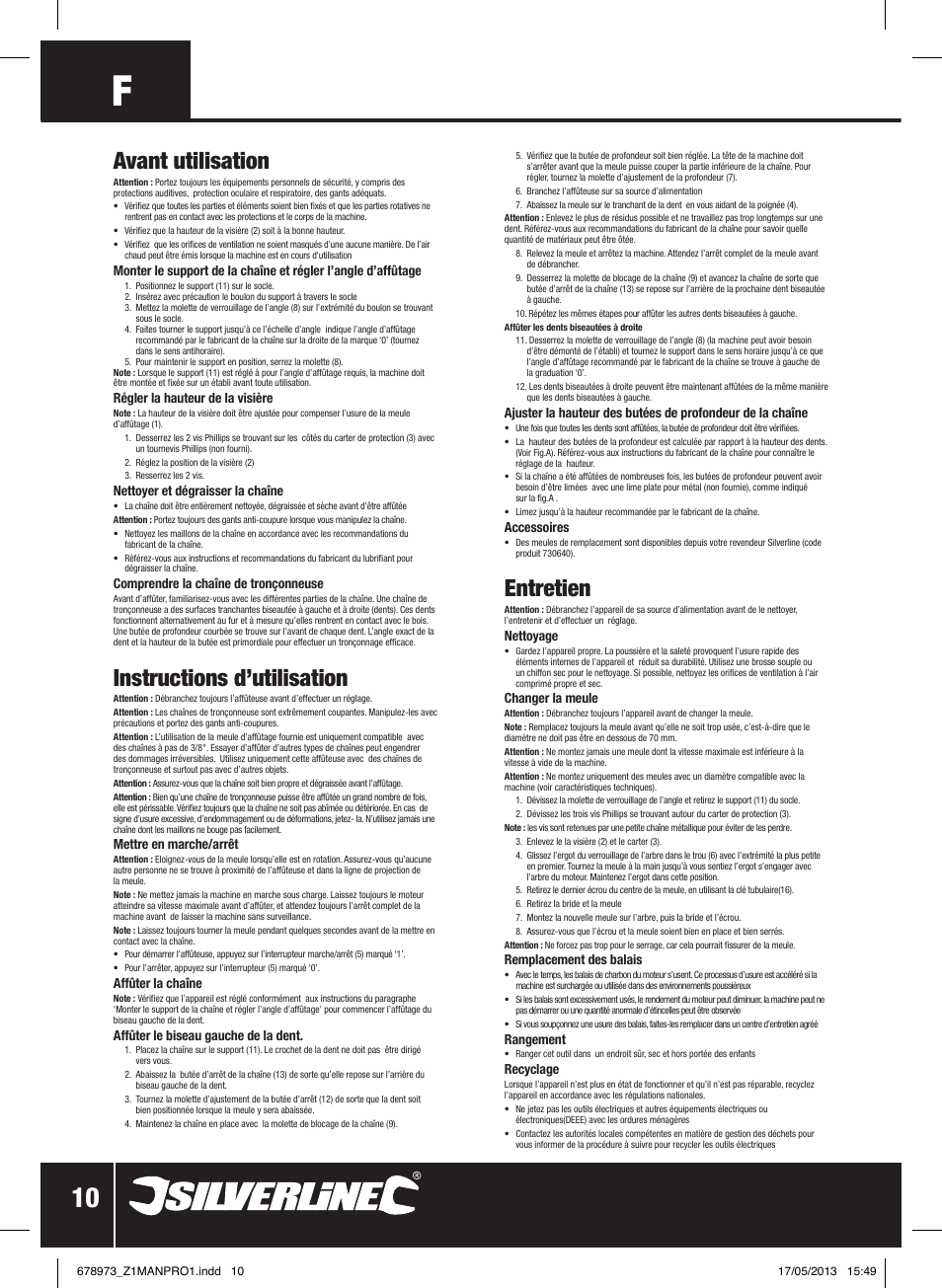 Entretien, Avant utilisation, Instructions d’utilisation | Silverline Electric Chainsaw Sharpener 220W User Manual | Page 11 / 28