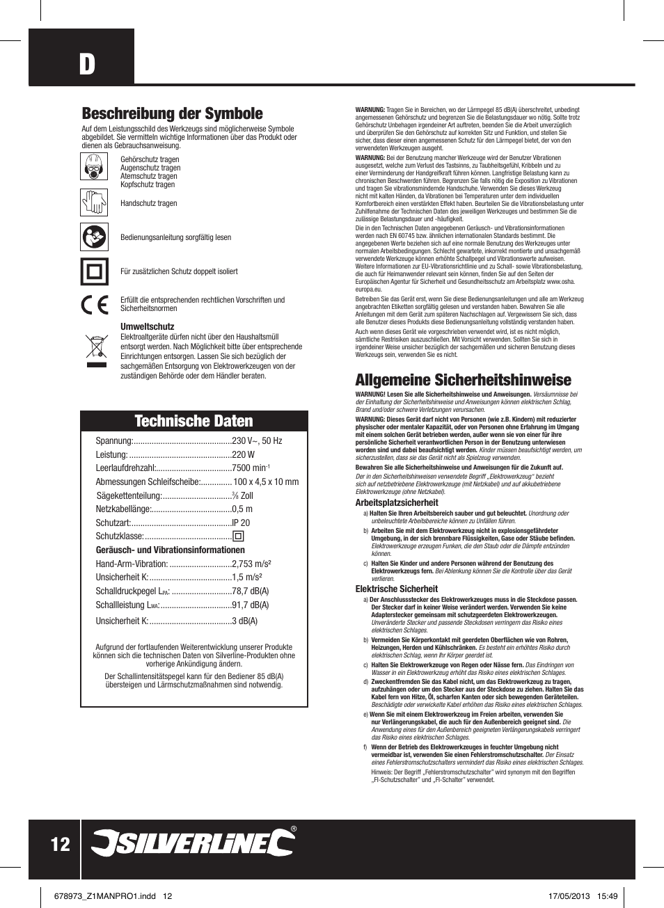 Allgemeine sicherheitshinweise, Technische daten, Beschreibung der symbole | Silverline Electric Chainsaw Sharpener 220W User Manual | Page 13 / 28