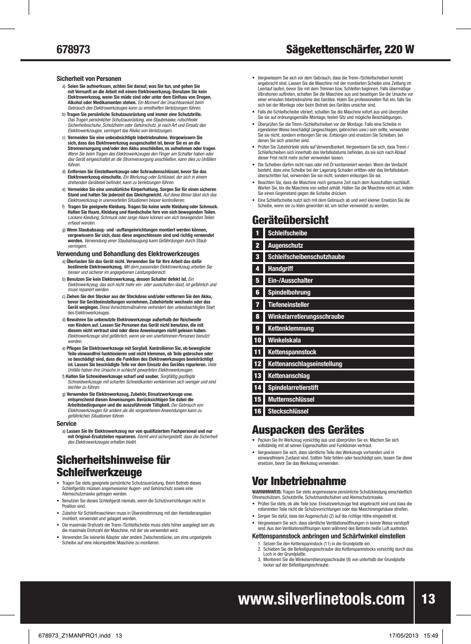 Sicherheitshinweise für schleifwerkzeuge, Geräteübersicht, Auspacken des gerätes | Vor inbetriebnahme | Silverline Electric Chainsaw Sharpener 220W User Manual | Page 14 / 28