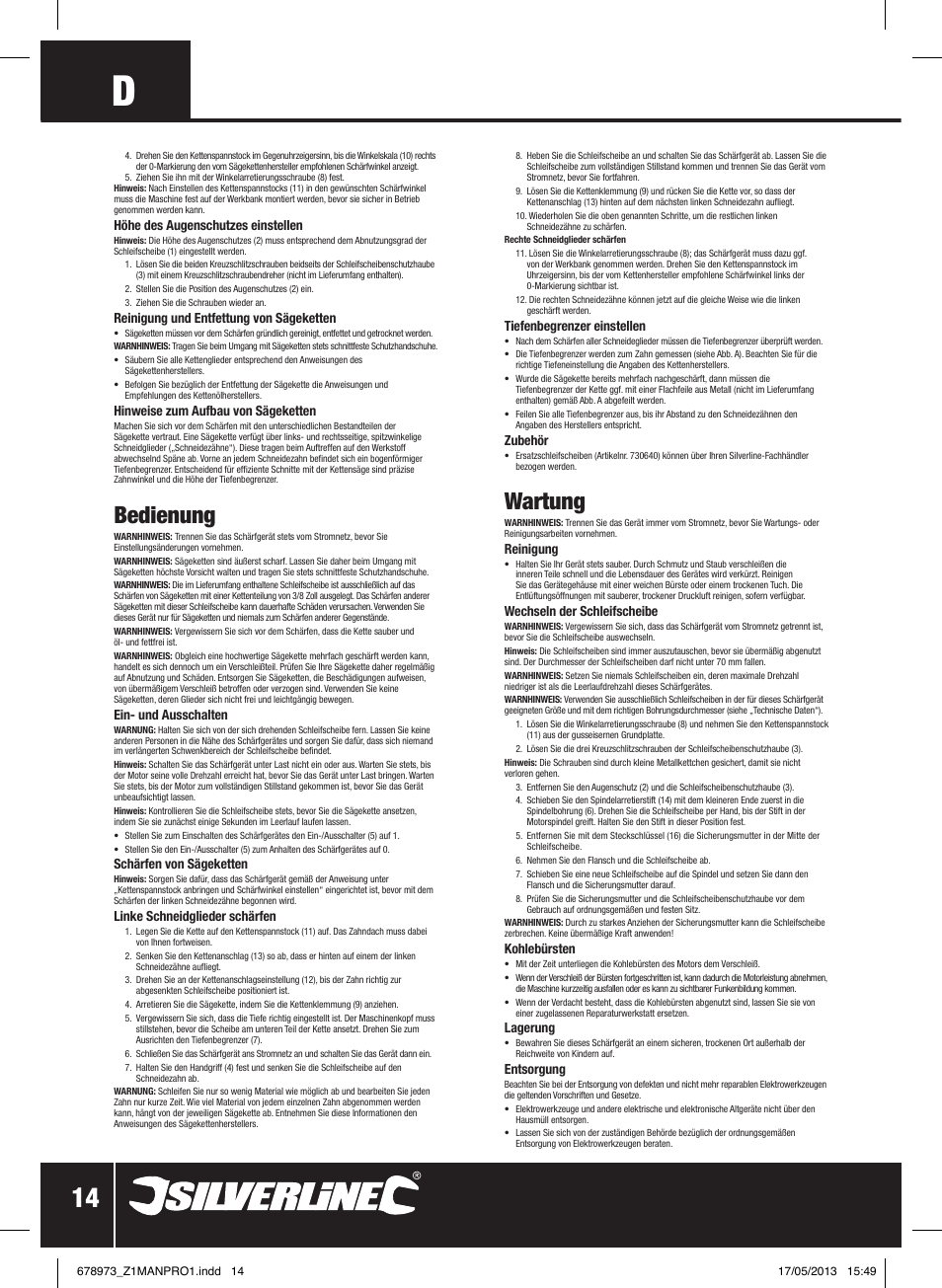 Wartung, Bedienung | Silverline Electric Chainsaw Sharpener 220W User Manual | Page 15 / 28