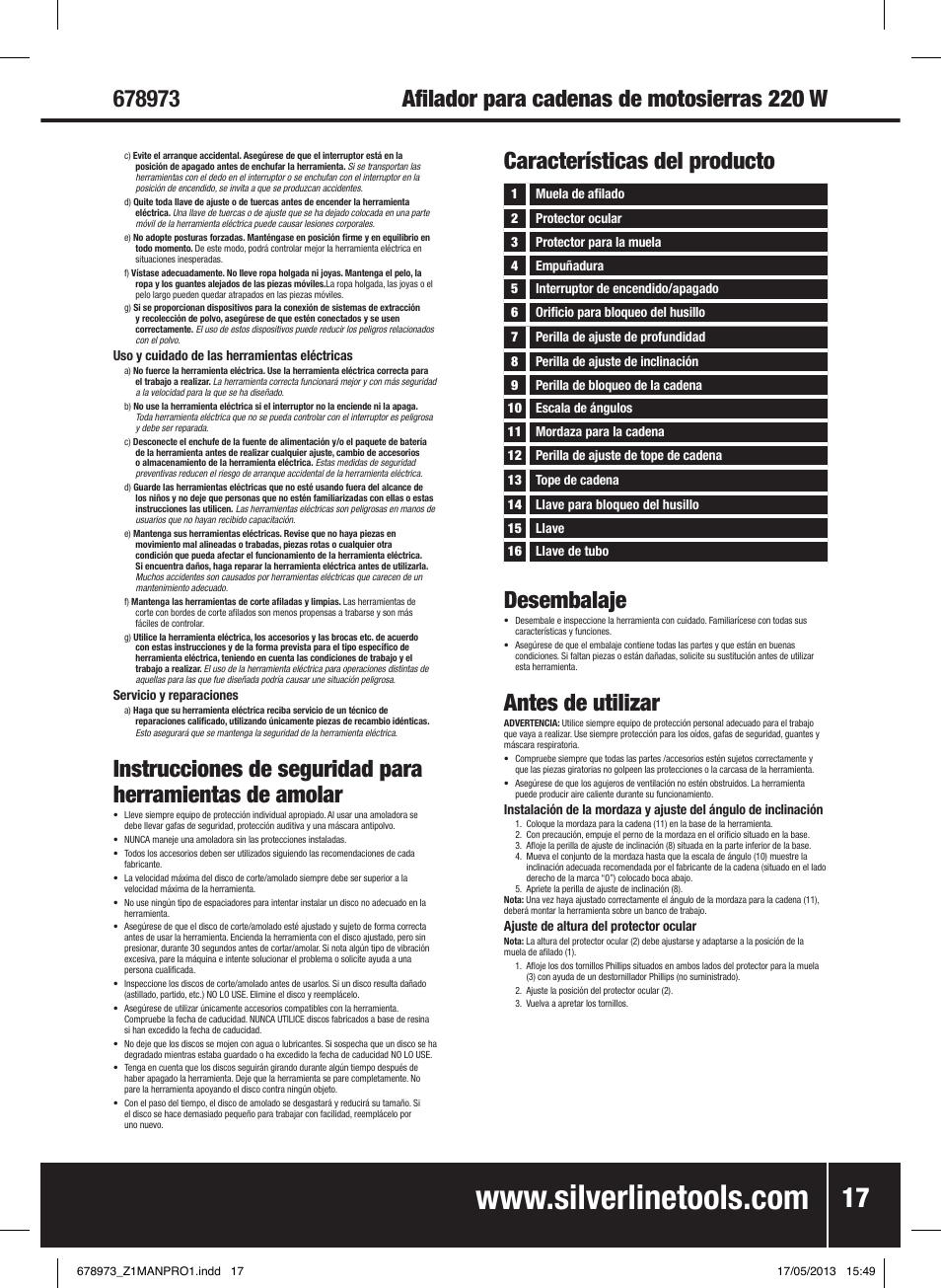 Características del producto, Desembalaje, Antes de utilizar | Silverline Electric Chainsaw Sharpener 220W User Manual | Page 18 / 28