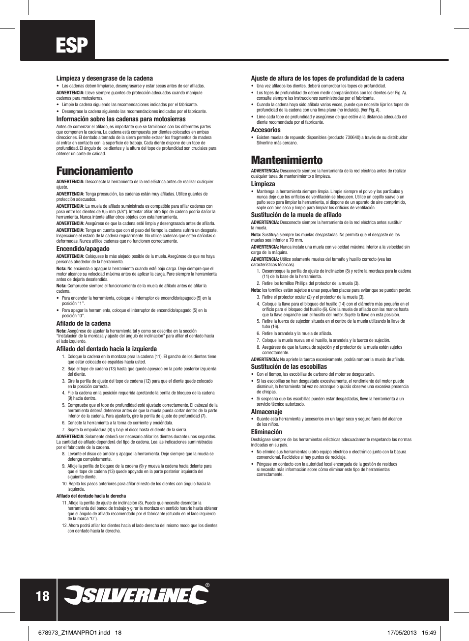 Mantenimiento, Funcionamiento | Silverline Electric Chainsaw Sharpener 220W User Manual | Page 19 / 28