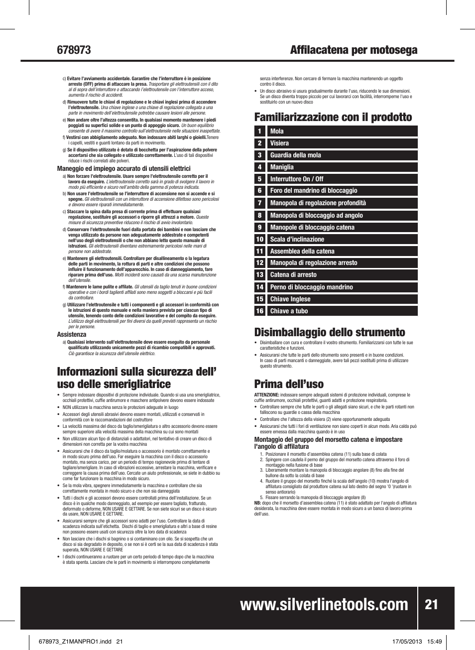 Familiarizzazione con il prodotto, Disimballaggio dello strumento, Prima dell’uso | Silverline Electric Chainsaw Sharpener 220W User Manual | Page 22 / 28
