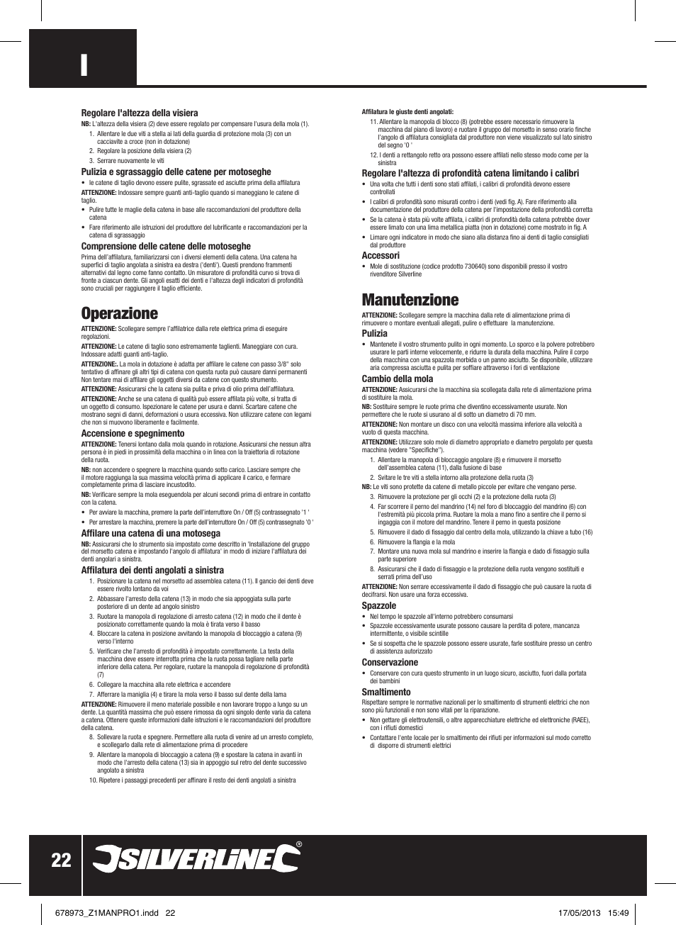 Operazione, Manutenzione | Silverline Electric Chainsaw Sharpener 220W User Manual | Page 23 / 28