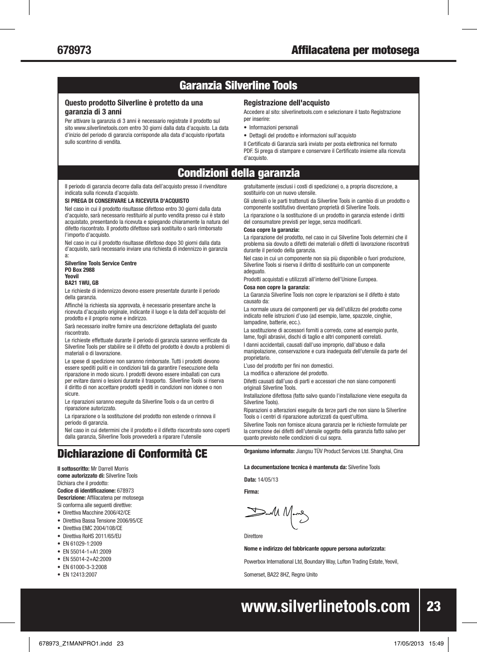 Dichiarazione di conformità ce | Silverline Electric Chainsaw Sharpener 220W User Manual | Page 24 / 28