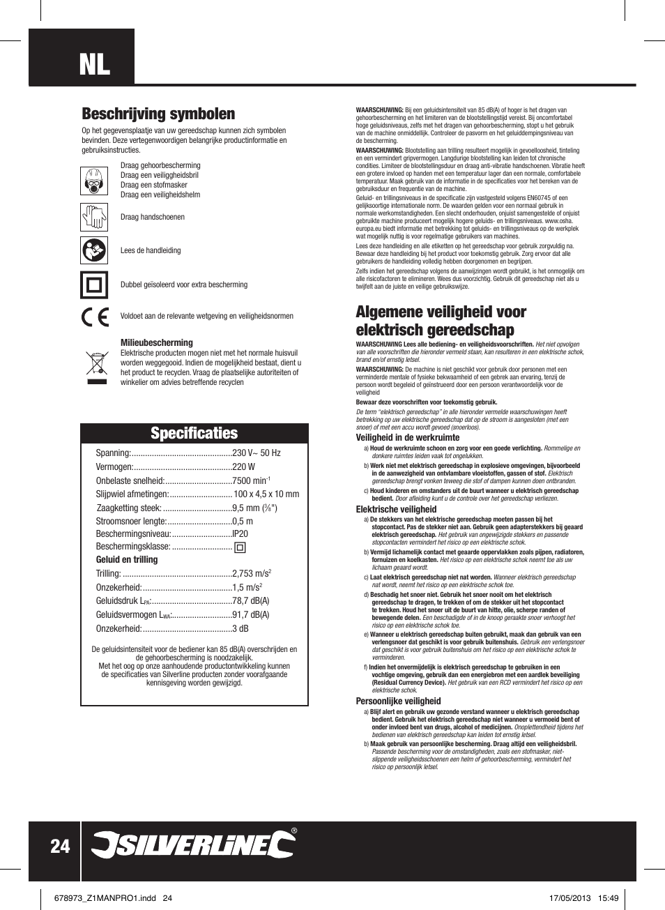 Specificaties, Algemene veiligheid voor elektrisch gereedschap, Beschrijving symbolen | Silverline Electric Chainsaw Sharpener 220W User Manual | Page 25 / 28