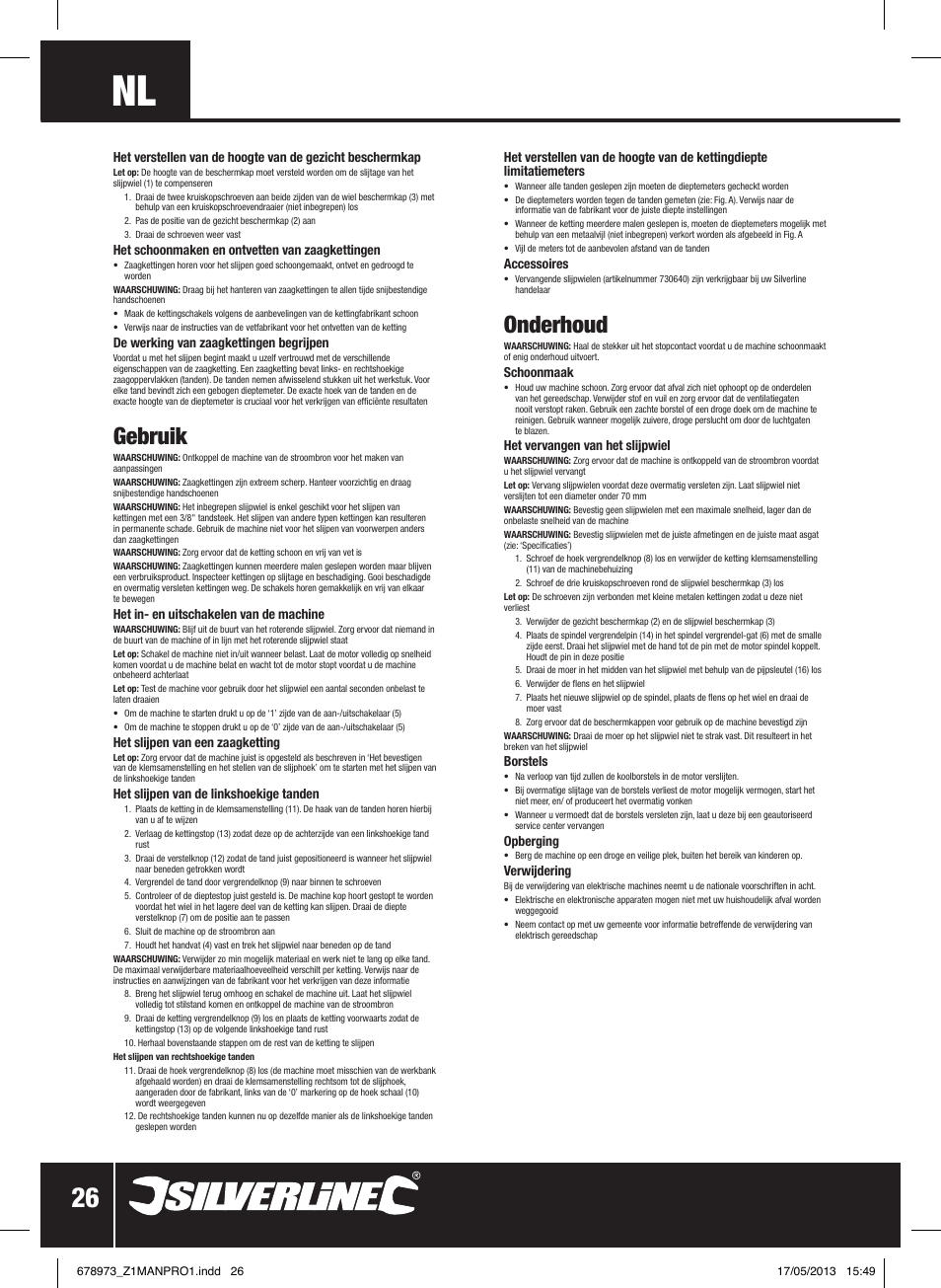 Gebruik, Onderhoud | Silverline Electric Chainsaw Sharpener 220W User Manual | Page 27 / 28