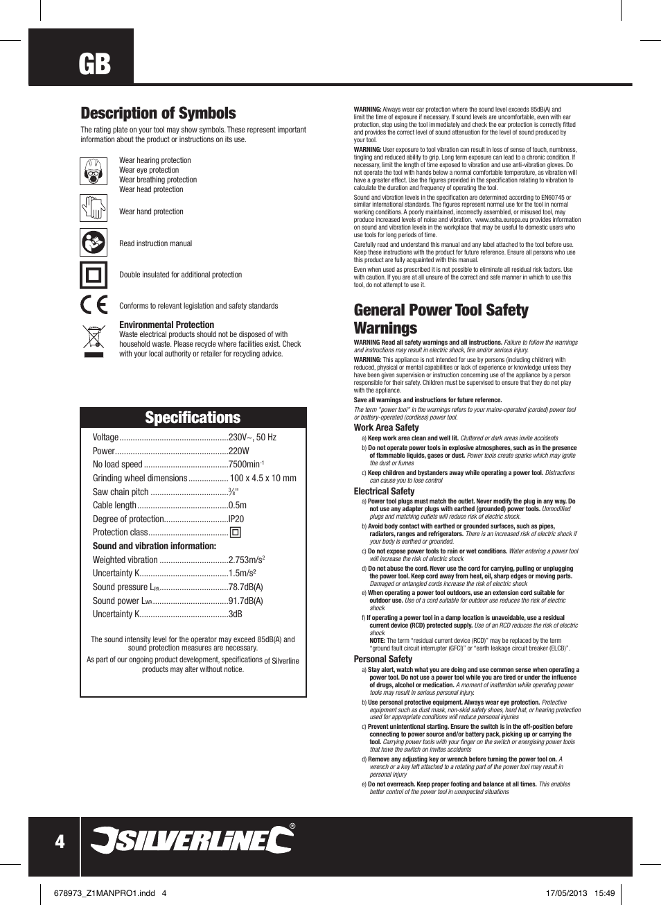 General power tool safety warnings, Specifications, Description of symbols | Silverline Electric Chainsaw Sharpener 220W User Manual | Page 5 / 28