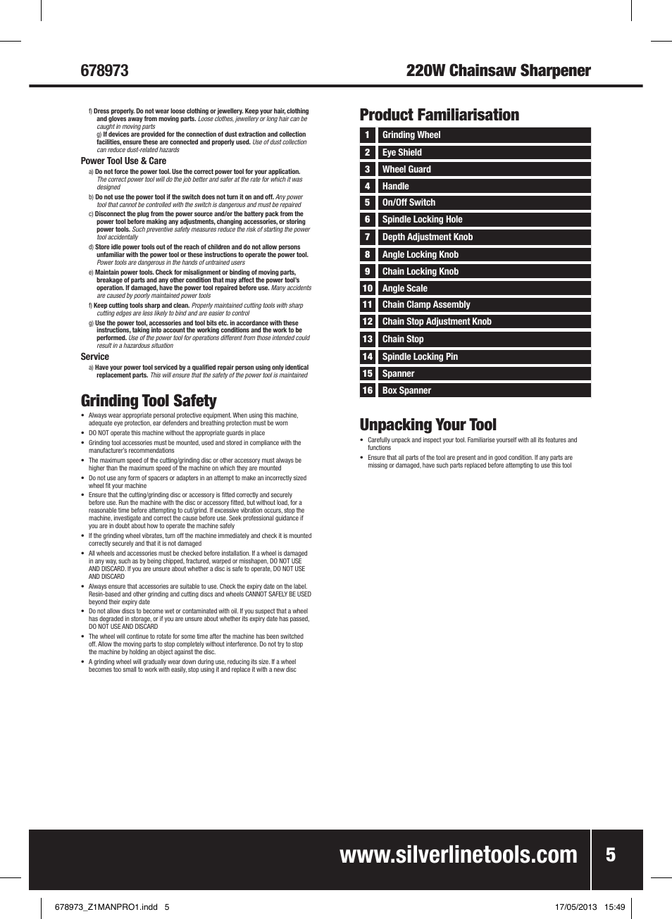 Grinding tool safety, 220w chainsaw sharpener, Product familiarisation | Unpacking your tool | Silverline Electric Chainsaw Sharpener 220W User Manual | Page 6 / 28