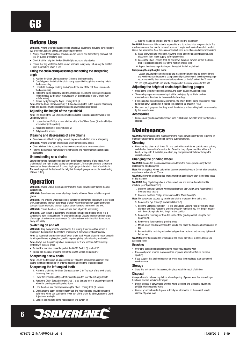 Before use, Operation, Maintenance | Silverline Electric Chainsaw Sharpener 220W User Manual | Page 7 / 28