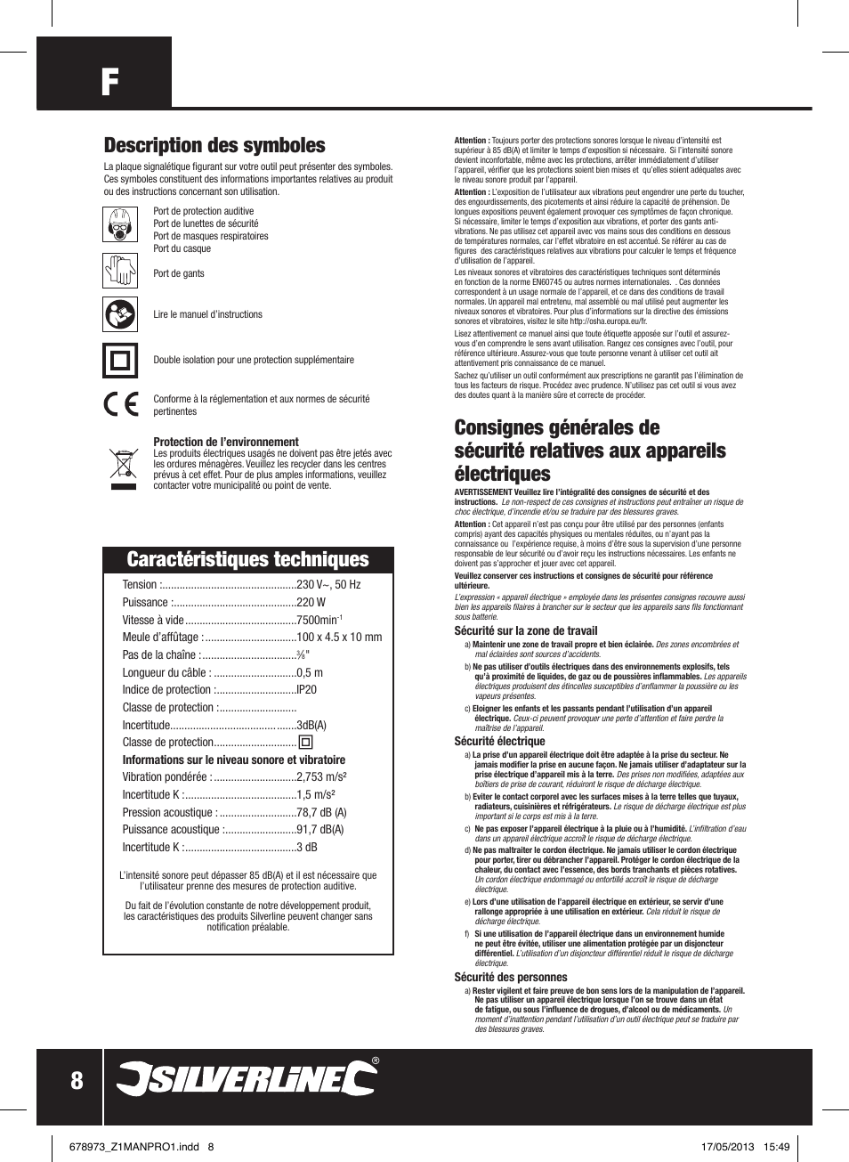 Caractéristiques techniques, Description des symboles | Silverline Electric Chainsaw Sharpener 220W User Manual | Page 9 / 28