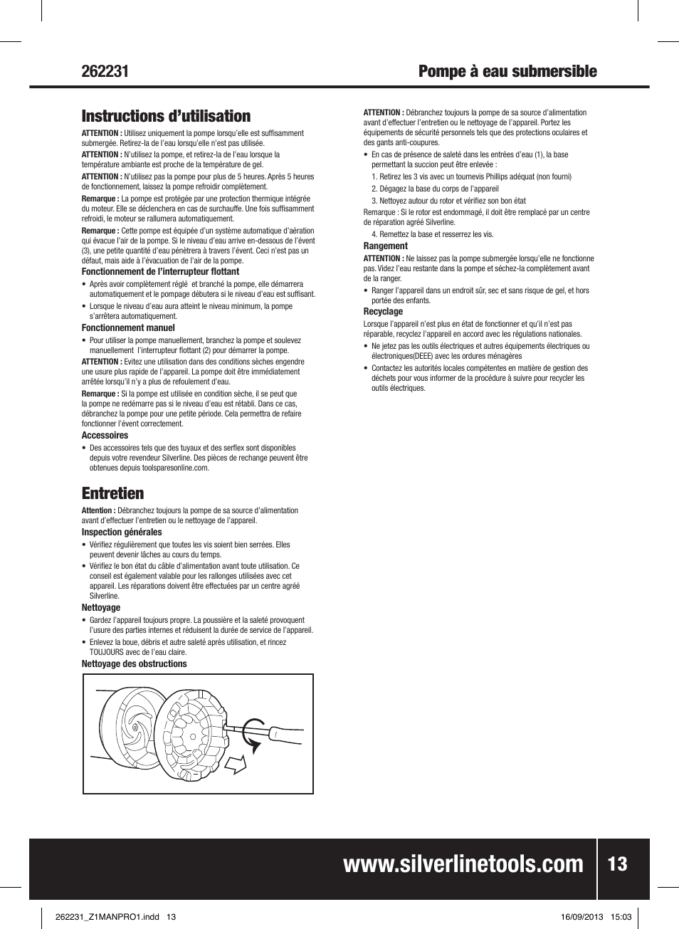 Entretien | Silverline 400W Clean Water Pump User Manual | Page 14 / 40