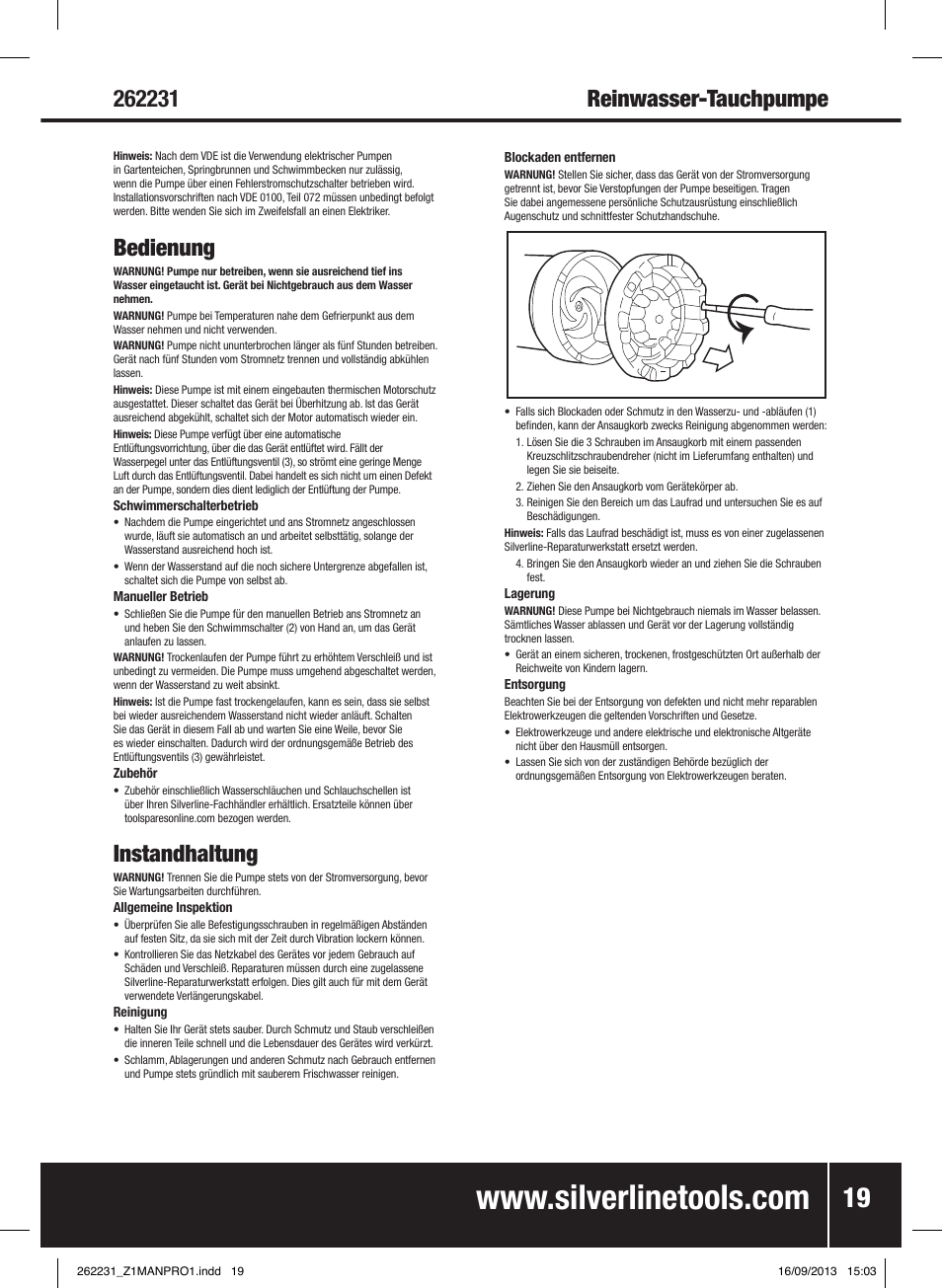 Bedienung, Instandhaltung | Silverline 400W Clean Water Pump User Manual | Page 20 / 40