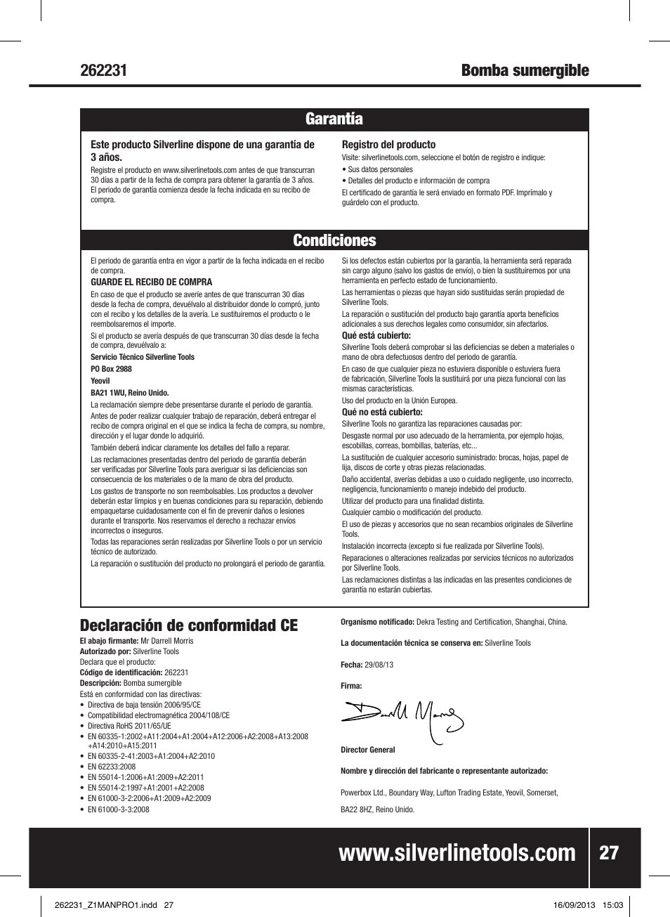 Declaración de conformidad ce | Silverline 400W Clean Water Pump User Manual | Page 28 / 40