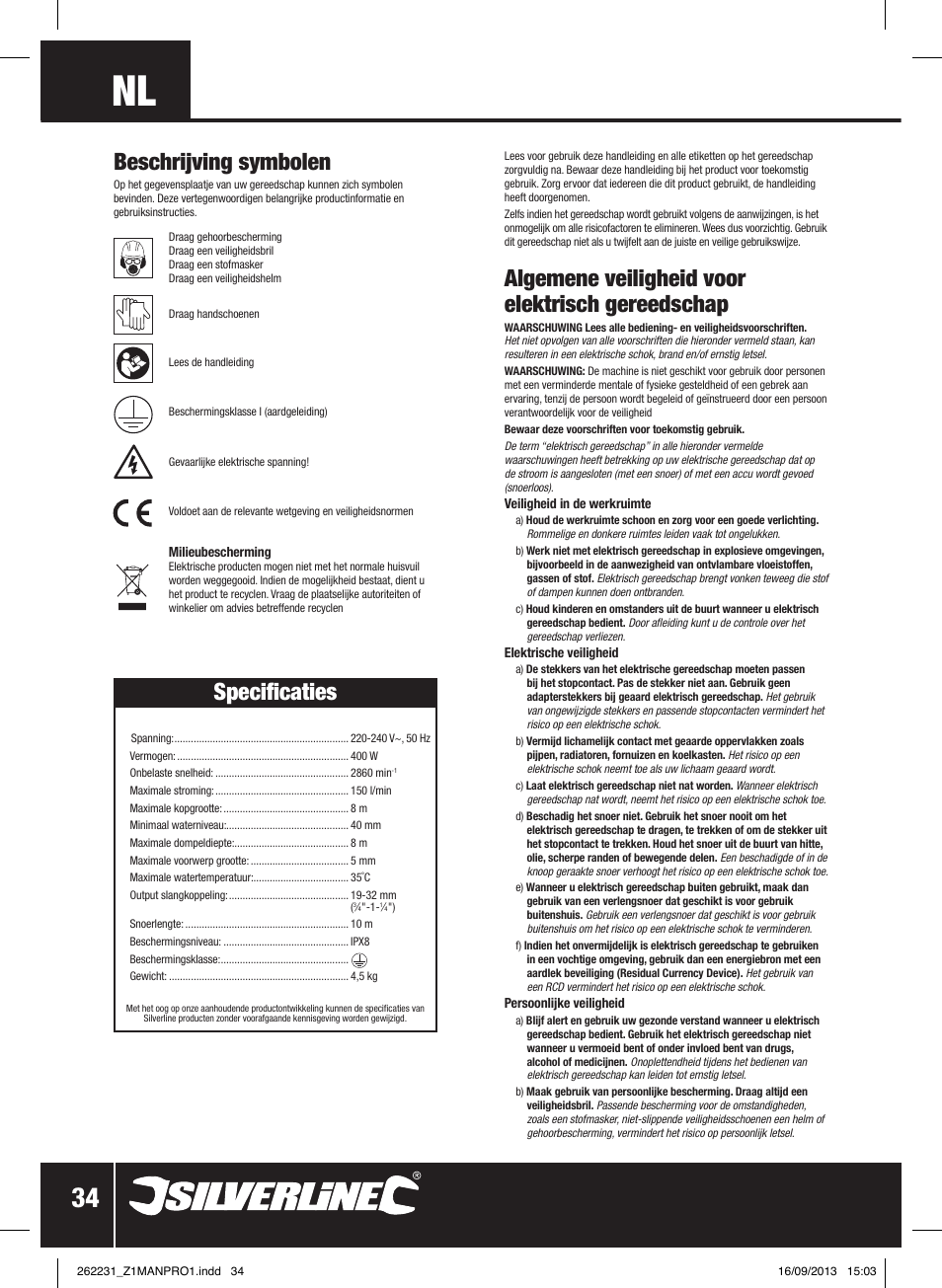 Algemene veiligheid voor elektrisch gereedschap, Beschrijving symbolen, Specificaties | Silverline 400W Clean Water Pump User Manual | Page 35 / 40