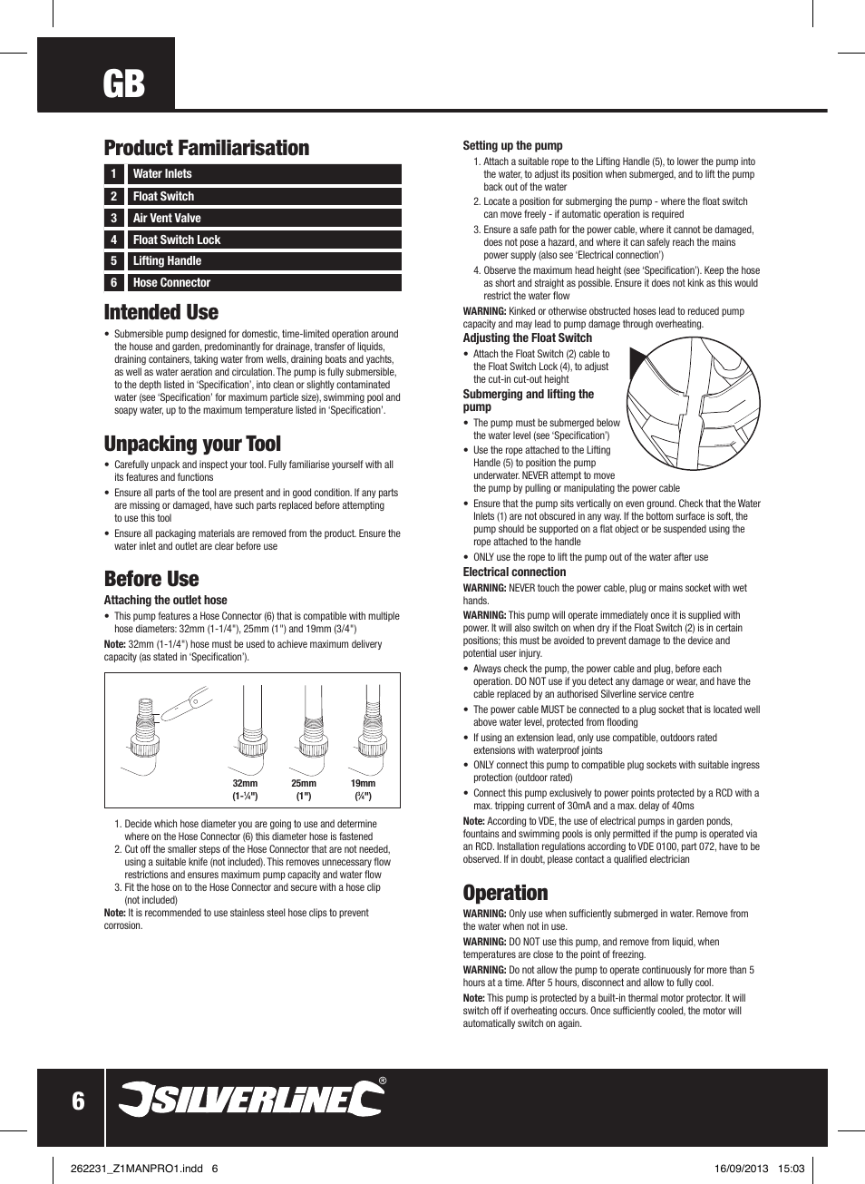 Operation, Product familiarisation intended use, Unpacking your tool | Before use | Silverline 400W Clean Water Pump User Manual | Page 7 / 40