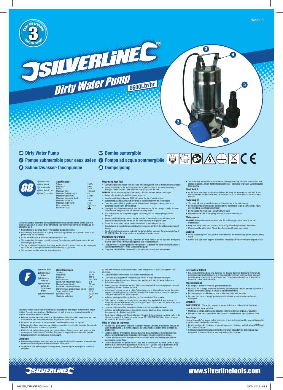 Silverline 550W Dirty Water Pump Stainless Steel User Manual | 2 pages